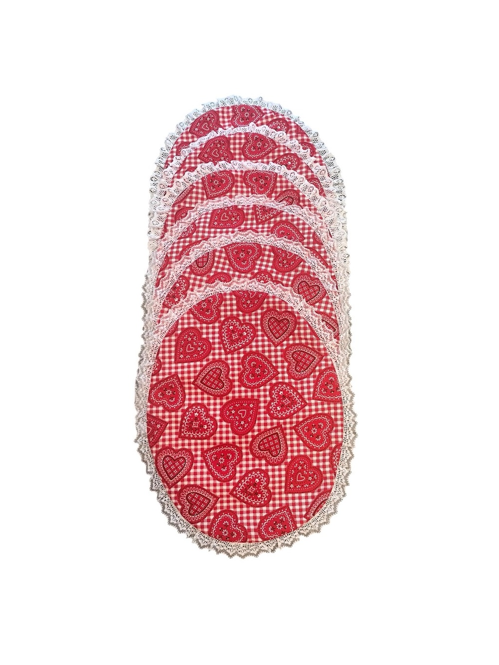 Red White Checkered Gingham Hearts Fabric Oval Placemats Lace Trim - Set of 6
